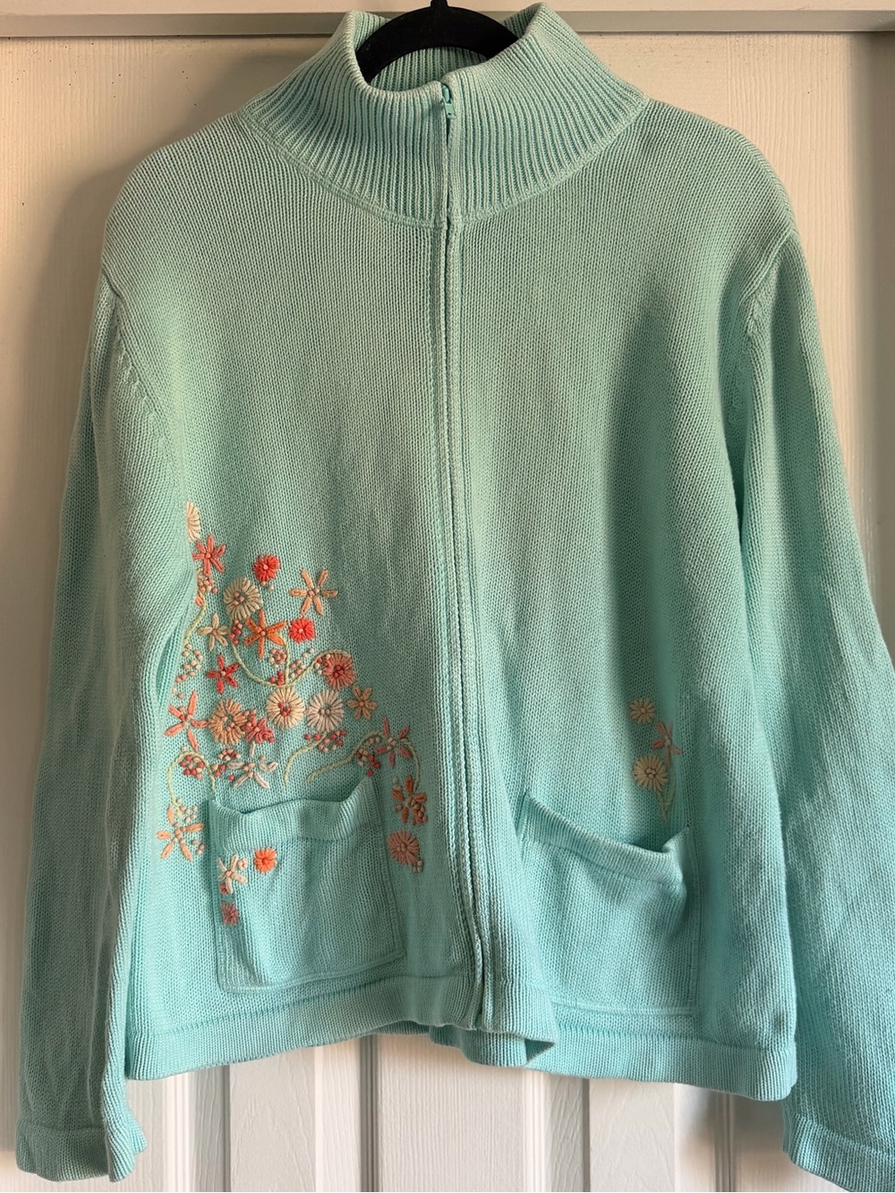 J. Jill Vintage 90s Full Zip Cardigan Sweater Floral Embroidered Mint Cotton